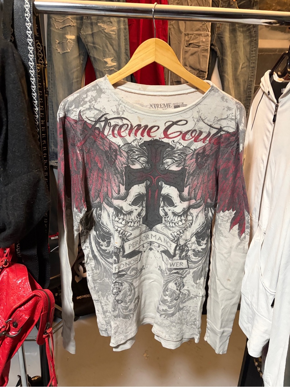 Xtreme Couture Men’s Long Sleeve Graphic Tee - Gray with Red Accents